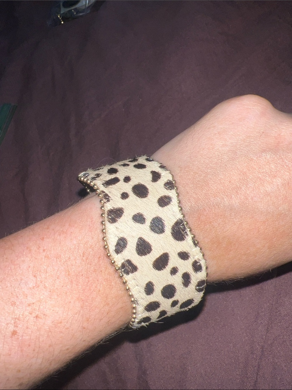Leopard Print Beaded Edge Cuff Bracelet - Tan and Black